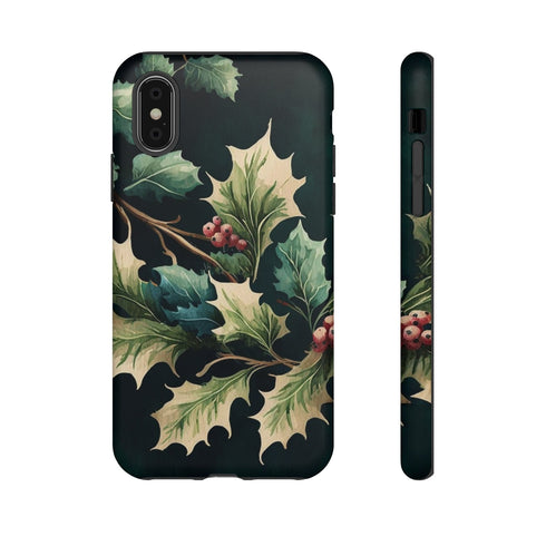 Dark Green Festive Holly in Watercolor - Impact Resistant Phone Case iPhone X Matte